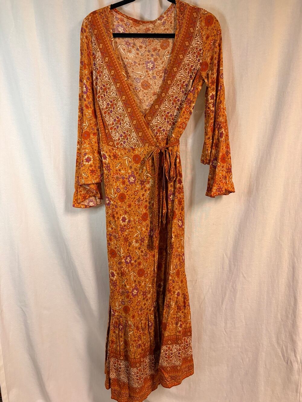 Orange Floral Boho Bell Sleeve Wrap Maxi Dress Festival Cottagecore